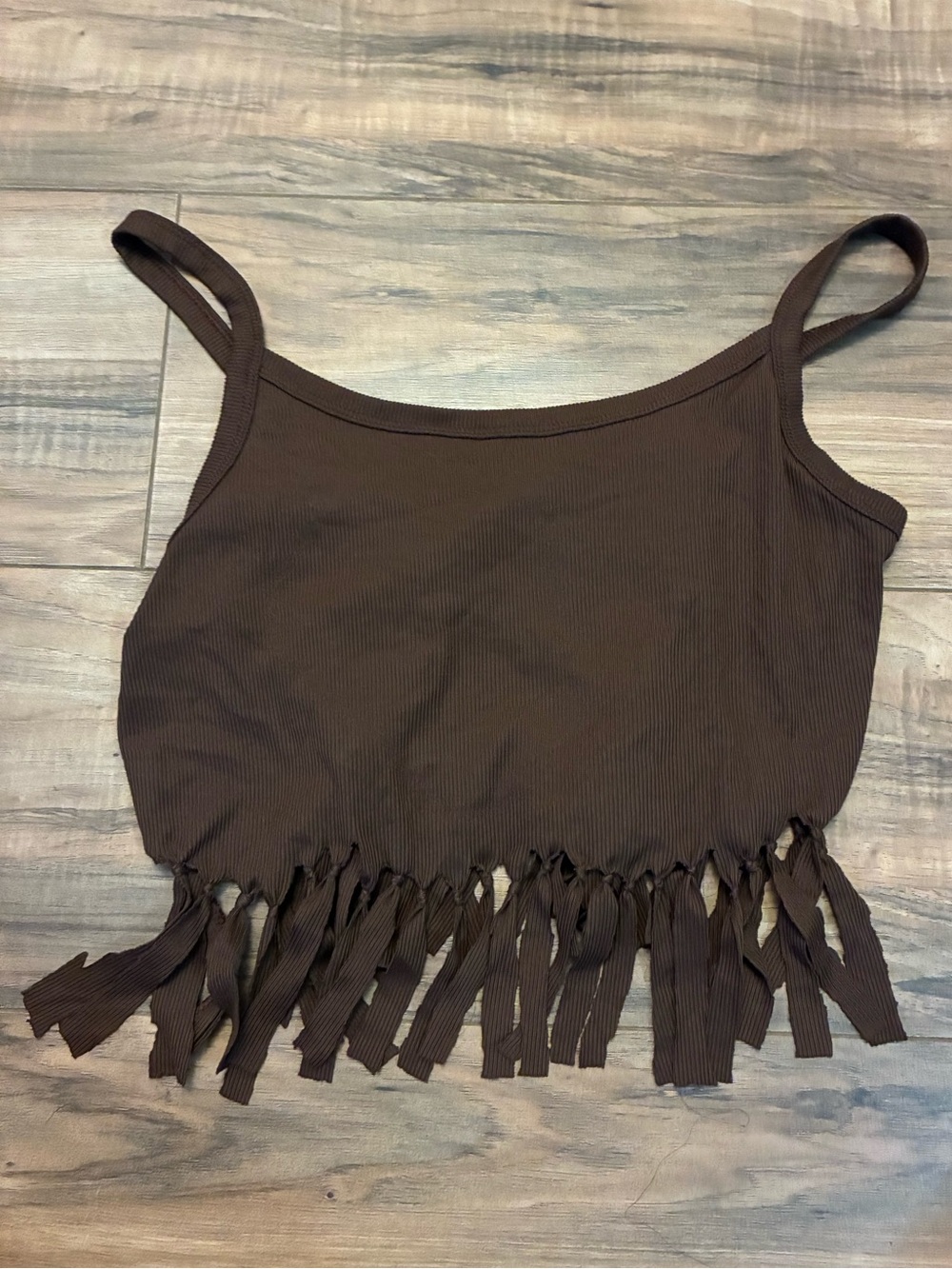 No Boundaries Brown Ribbed Fringe Crop Tank